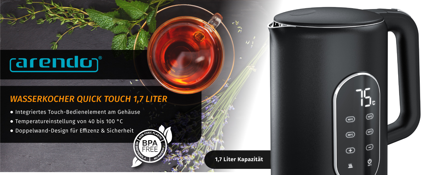 Електричний чайник Arendo з регулюванням температури, нержавіюча сталь, подвійні стінки Cool Touch, дисплей, бездротовий, 2200 Вт, 1.7л, захист від перегріву, функція підтримання тепла, чорний