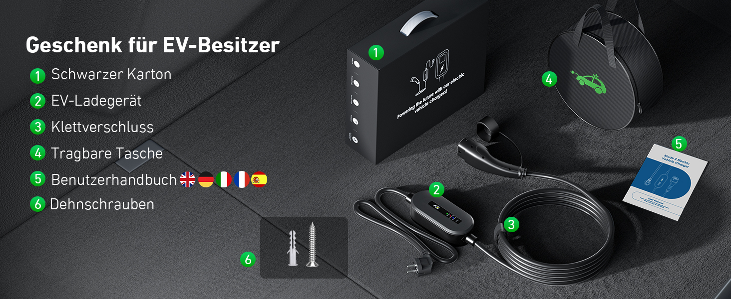 Кабель для електромобіля Evjuicion Typ 2 Schuko, 3.68kW, 6м, 16A, IP67. Зарядний кабель для ID.3/4, X1, 5ER, Model Y/3 та інших електромобілів. Чорний.