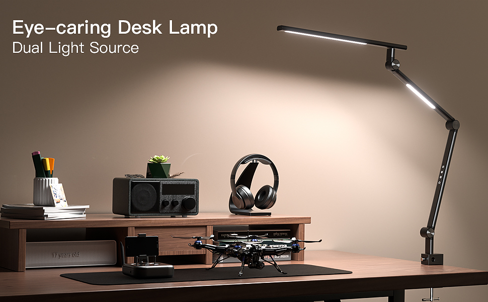 VERSKI LED Desk Lamp with Adjustable Brightness & Color Temperature - 18W Dual Light Source, Clamp-On, Eye Protection, Daylight Lamp for Home Office & Study