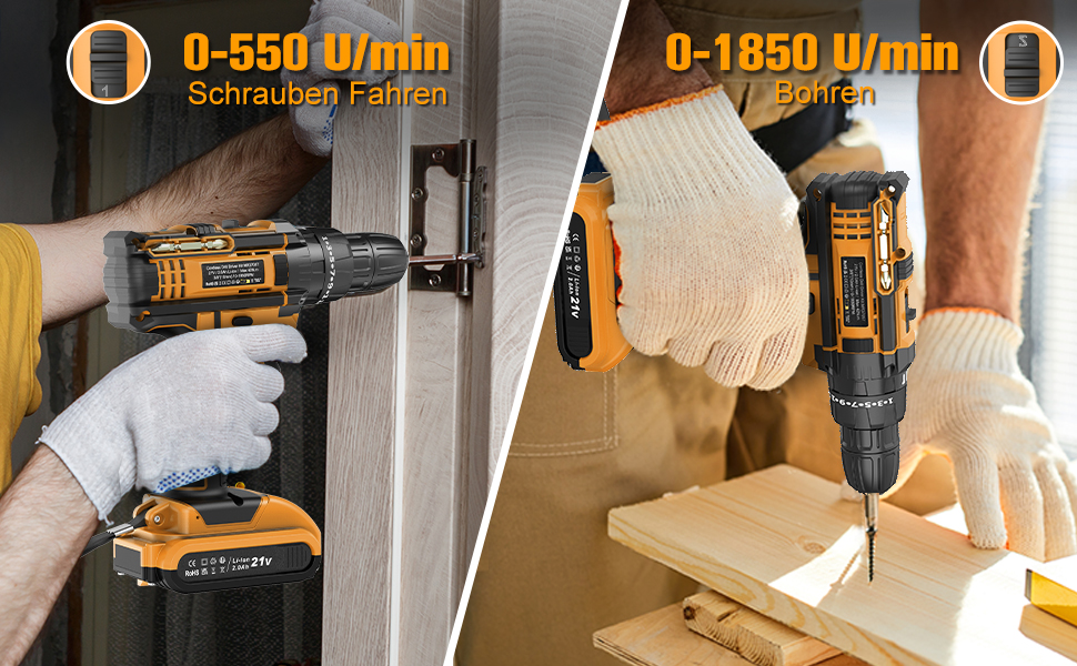 Акумуляторний шуруповерт AKZWOXRO 21V з 2 акумуляторами 2.0Ah, 42Nm, 2 швидкості, 25+3 ступені крутного моменту, патрон 10мм, LED ліхтик, 30-ти елементний набір для дому та саду, DIY проєкти