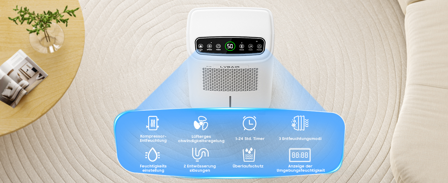 Електричний осушувач повітря 12л/день для 25м²/122м³ – потужне осушення, бак 2л, постійний дренаж, тиха робота, для спальні, підвалу, вітальні