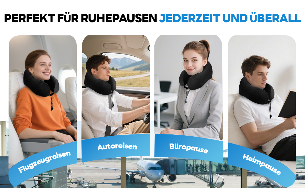 Подушка для шиї у літак - туристична подушка з memory foam, ергономічна форма - з маскою для сну, навушниками, сумкою - ідеальна для подорожей, офісу, дому (Чорний)