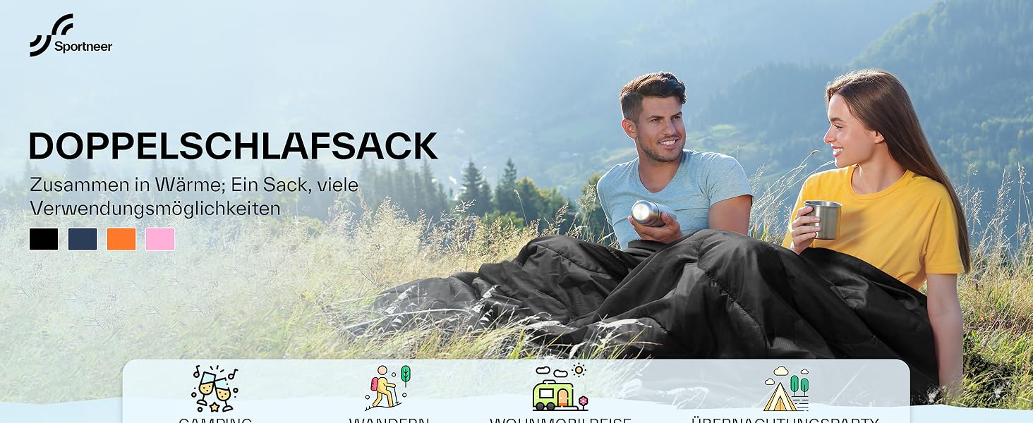 Сплячий мішок Outdoor Sportneer для 2 осіб, 3 сезони, 220x150 см, 2.75 кг, з 2 подушками, для дорослих, оранжевий (без фланелевої підкладки)