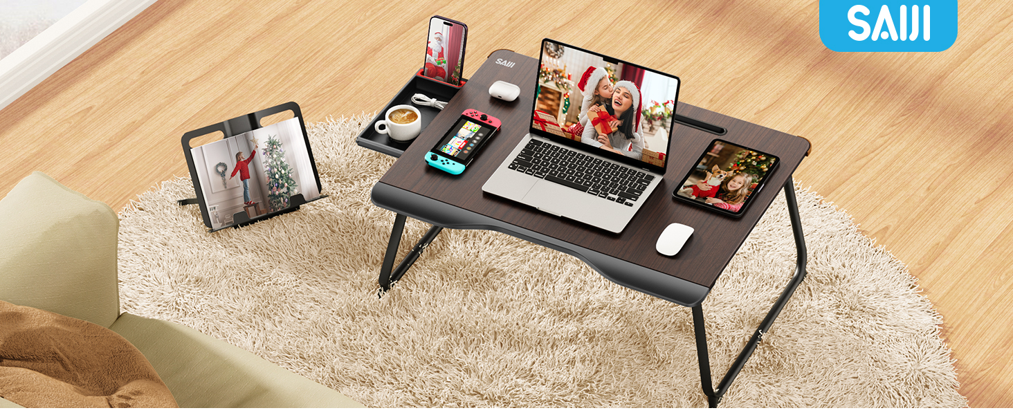 SAIJI Розкладний столик для ноутбука XXL з ящиком та підставкою для книг/телефону (65 x 49 x 30 см, чорний)