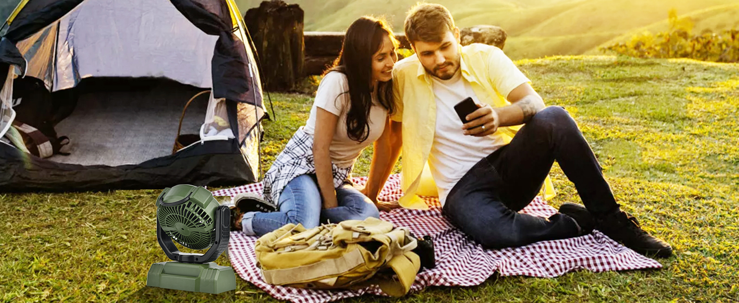 Портативний вентилятор для кемпінгу з акумулятором 10000mAh, LED-ліхтар, 270° обертання, USB-зарядка, для намету, риболовлі, офісу (зелений)