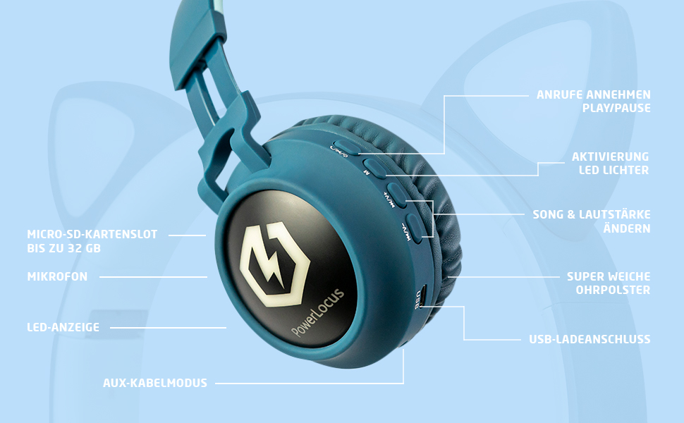 Дитячі навушники PowerLocus Bluetooth Over-Ear з обмеженням гучності 85dB, LED-підсвічуванням, складний дизайн, HD Stereo, мікрофон для телефону, планшета, ПК, TV (Синій)