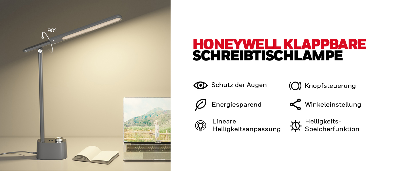 LED-лампа Honeywell H01 Pro Sunturalux™ з USB A+C, регульована яскравість, 3 режими, для дому, офісу та читання (сіра)