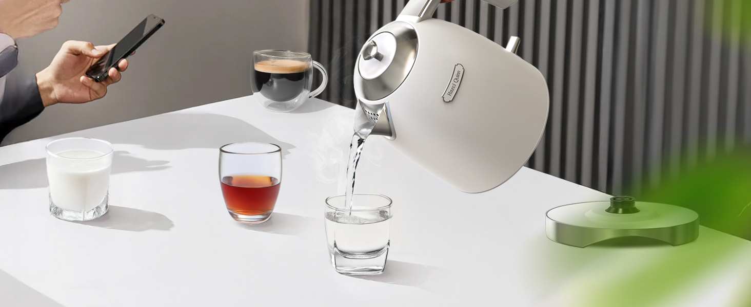 Електричний чайник Hazel Quinn Schneller 2200 Вт, 1.7л, нержавіюча сталь 304, перловий білий, з функцією швидкого кип'ятіння, автоматичним вимкненням та захистом від сухого кип'ятіння, вінтажний дизайн, BPA-free