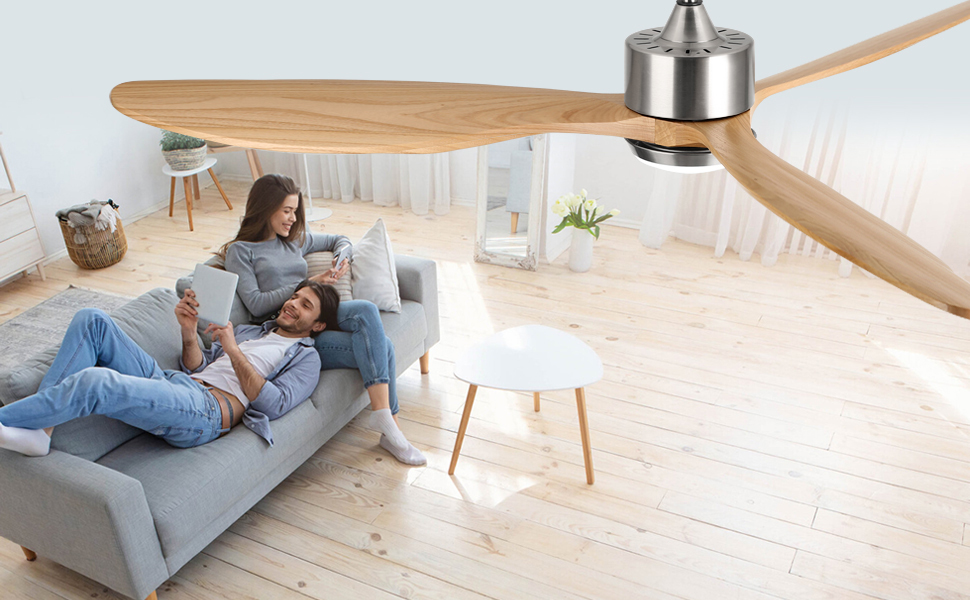 Стеляний вентилятор Ovlaim з освітленням та пультом керування, тихий DC мотор, 3 лопаті, Smart, для вітальні/спальні, натуральний & сріблястий (Burlywood/Silver, 165 см)