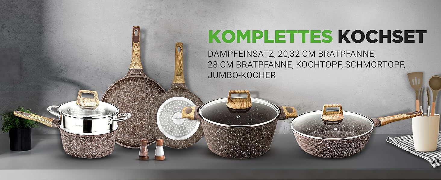 Набір посуду NutriChef Сандбраун 22 предмети з антипригарним мармуровим покриттям: сковороди, каструлі, кухонні прилади, форма для випічки, рукавиці, для індукційних плит, посудомийна машина