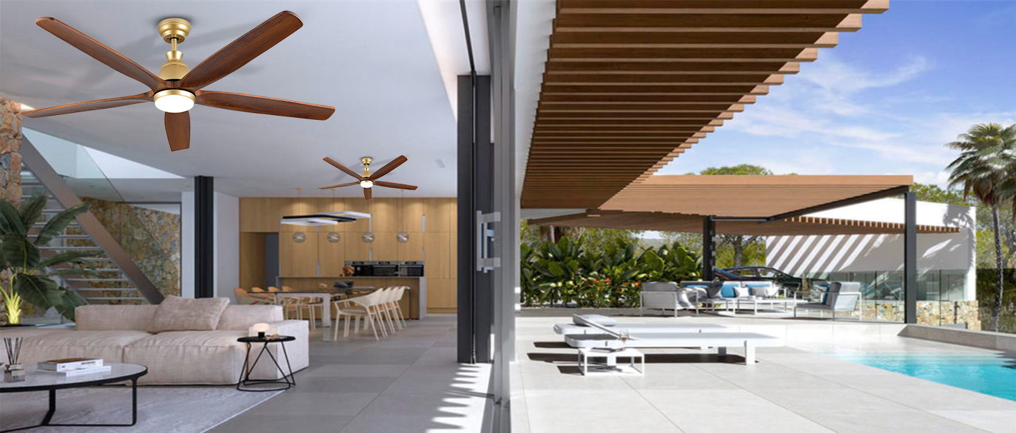 Дзеркальний вентилятор для стелі з дерева, без освітлення, з пультом керування, тихий, для вологого приміщення, 132 см (52 дюйми), коричневий, 5 лопатей