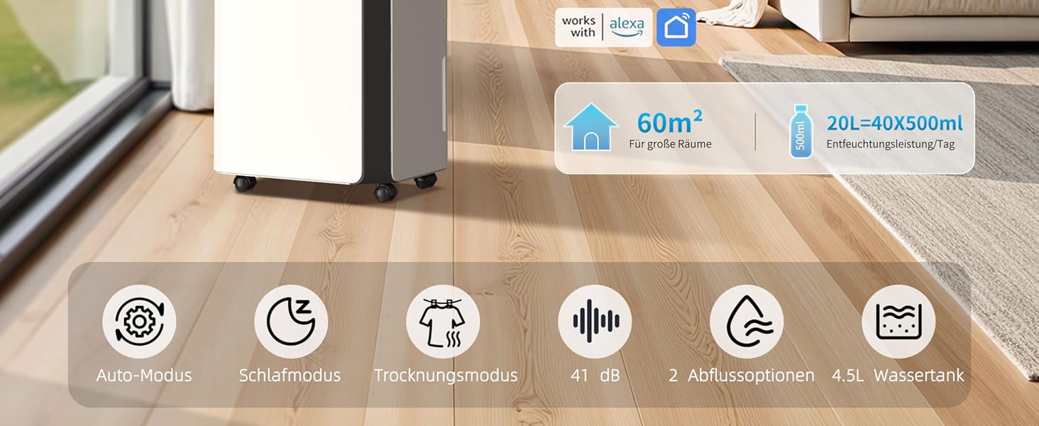 Електричний осушувач повітря HUMILABS 20L з Wi-Fi, для приміщень до 60м², з гофрованим шлангом, 4.5л бак, 3 режими, таймер, білий