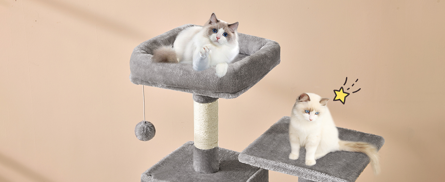 Кігтеточка для котів MSmask велика, багатоповерхова з платформами, гамаком та сизалевими стовпами (світло-сіра)