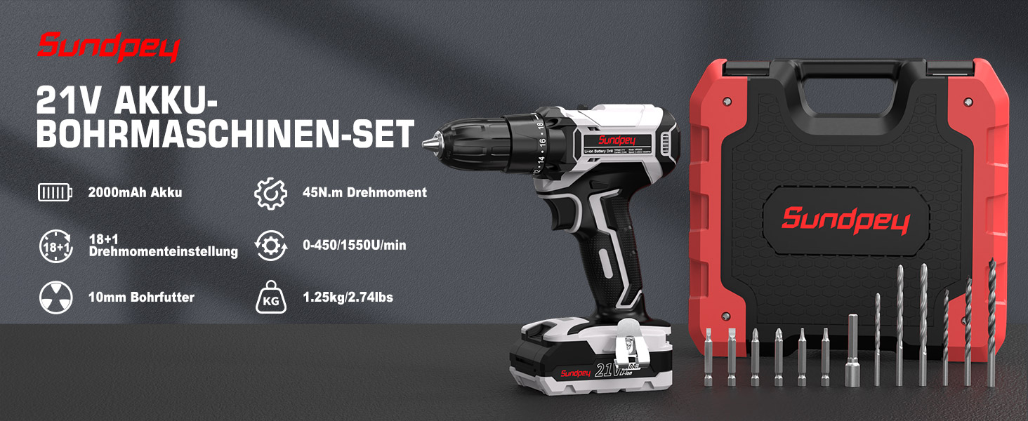 Акумуляторний шуруповерт Sundpey Set: 2 акумулятори 2.0Ah, 21V, 1500 об/хв, 45Nm, 18+1 режим, LED, 10мм патрон - для ремонту та DIY