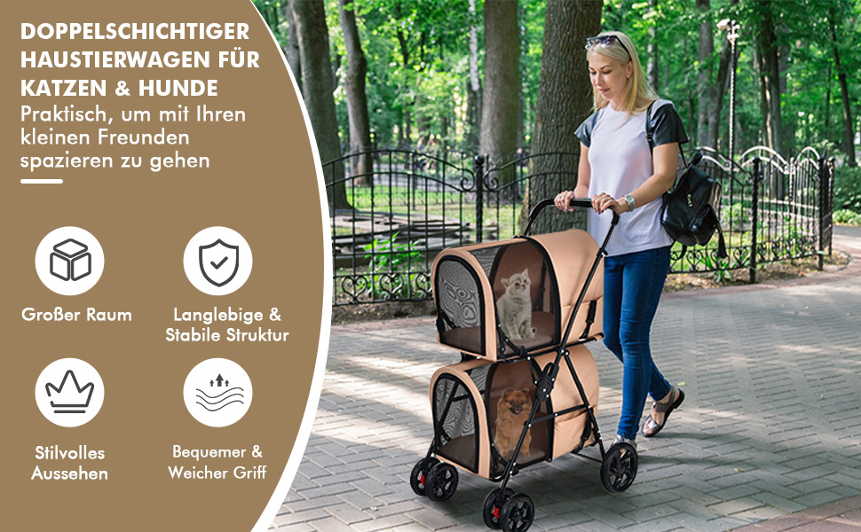 COSTWAY 2-ярусна візок для собак та котів, до 16 кг, з сітковими віконцями, тримачем для напоїв та зчіпкою, блакитний