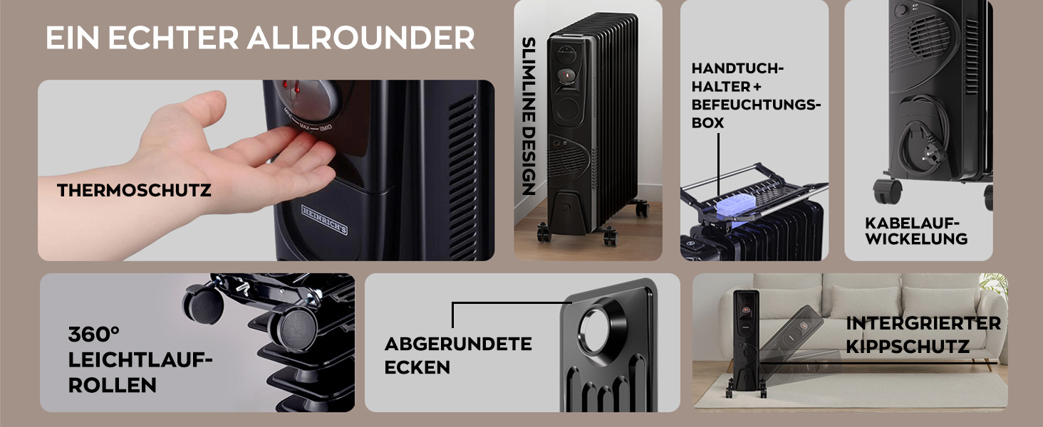 Електричний масляний радіатор Heinrich з 13 ребрами, 2500W, з вентилятором, терморегулятором, захистом від перегріву та нахилу, чорний