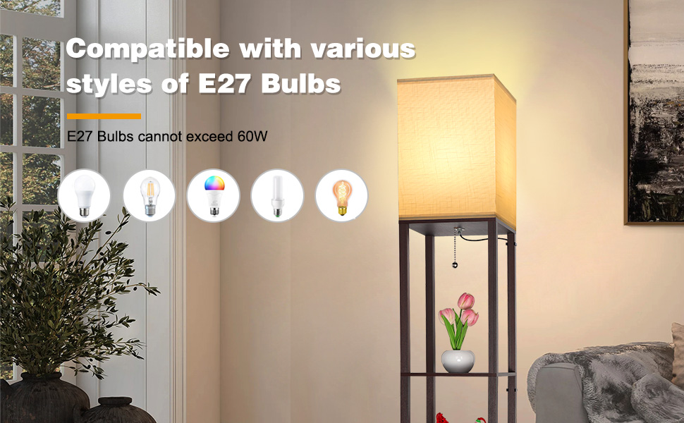 Світлодіодна торшер з дерева, 1.6м, з цоколюванням E27 (3000K-5000K), ретро торшер з 3 полицями, 3 колірні температури, настільна лампа з абажуром для спальні, кута, вітальні, офісу (коричневий)