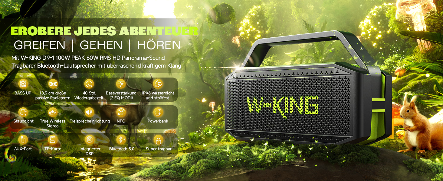 W-KING Bluetooth колонка 100W (60W) IPX6, портативна, глибокий бас, до 40 годин, TF/AUX/EQ, зелена