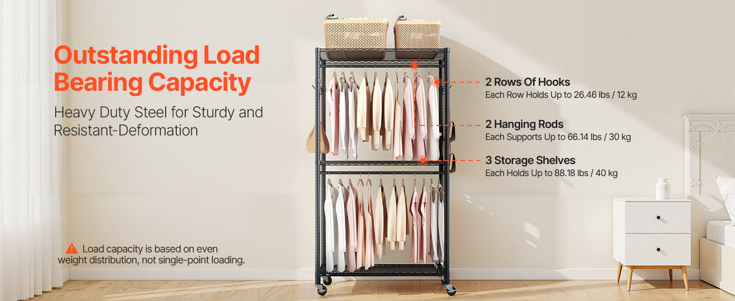 Вешалка для одягу VEVOR з 4 перекладинами, 8 гачками та 385,5 кг вантажопідйомністю, відкрита шафа для одягу, 3 полиці