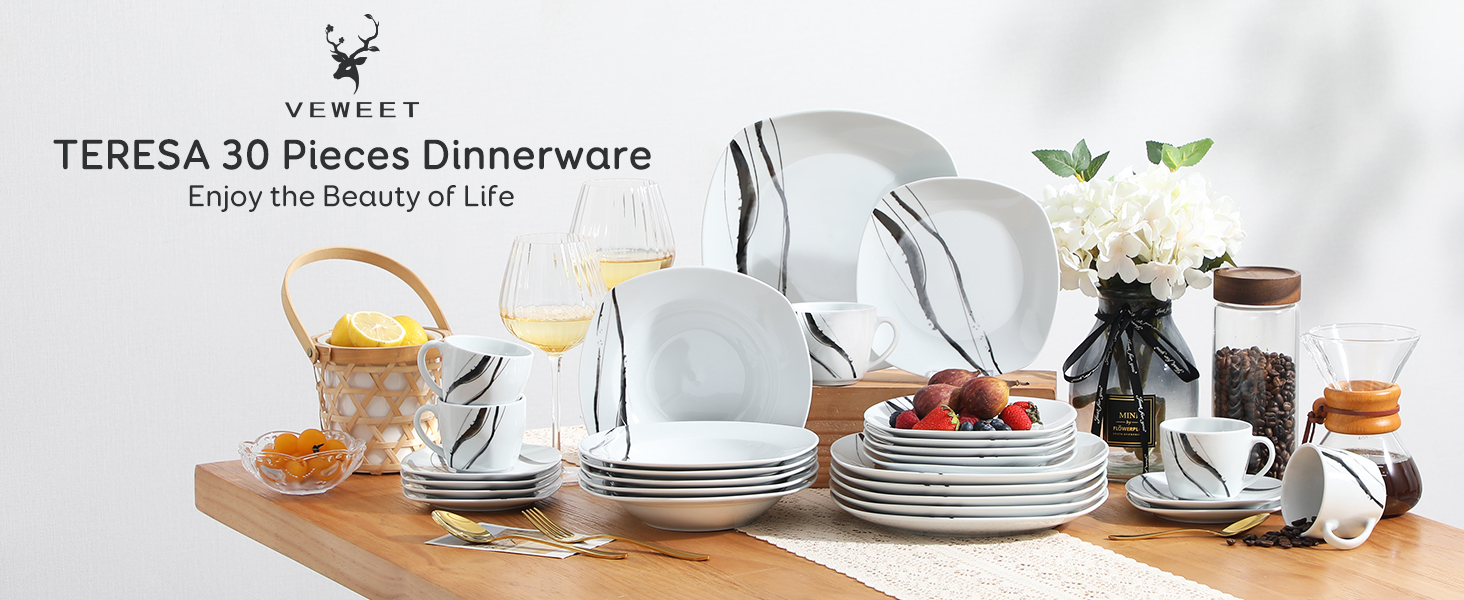 Набір посуду VEWEET FIONA (30 предметів): тарілки та миски для 4 осіб, чорно-сі лінії, для вечері, безпечний у мікрохвильовці та посудомийній машині
