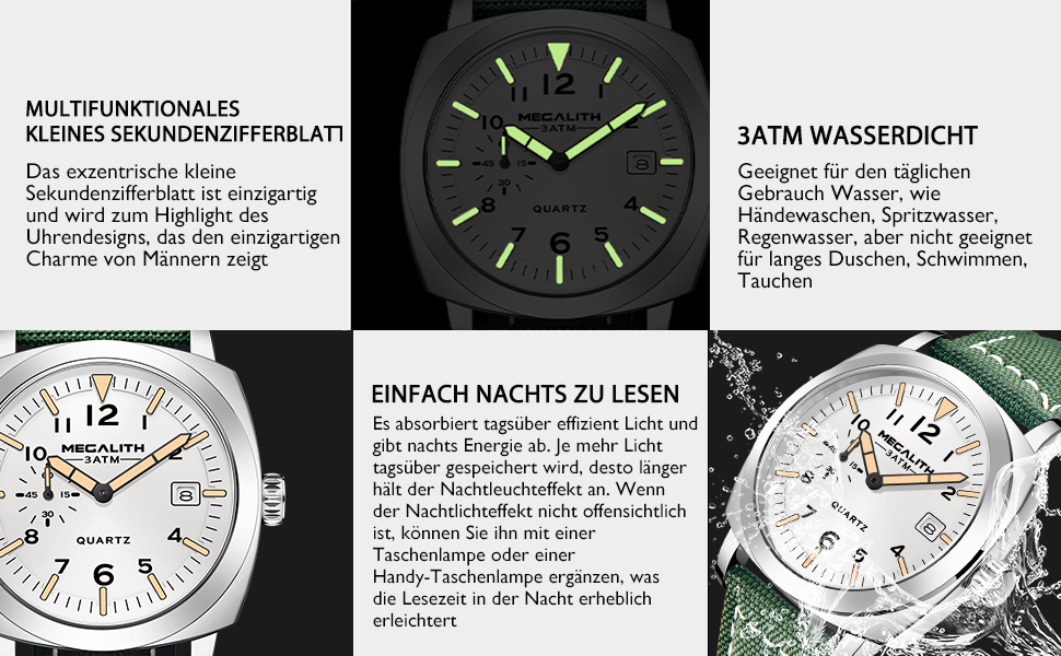 Чоловічий годинник MEGALITH Militär B-6: Водонепроникний годинник з LED-підсвічуванням, календар, сталевий корпус, шкіряний ремінь, кварцовий механізм