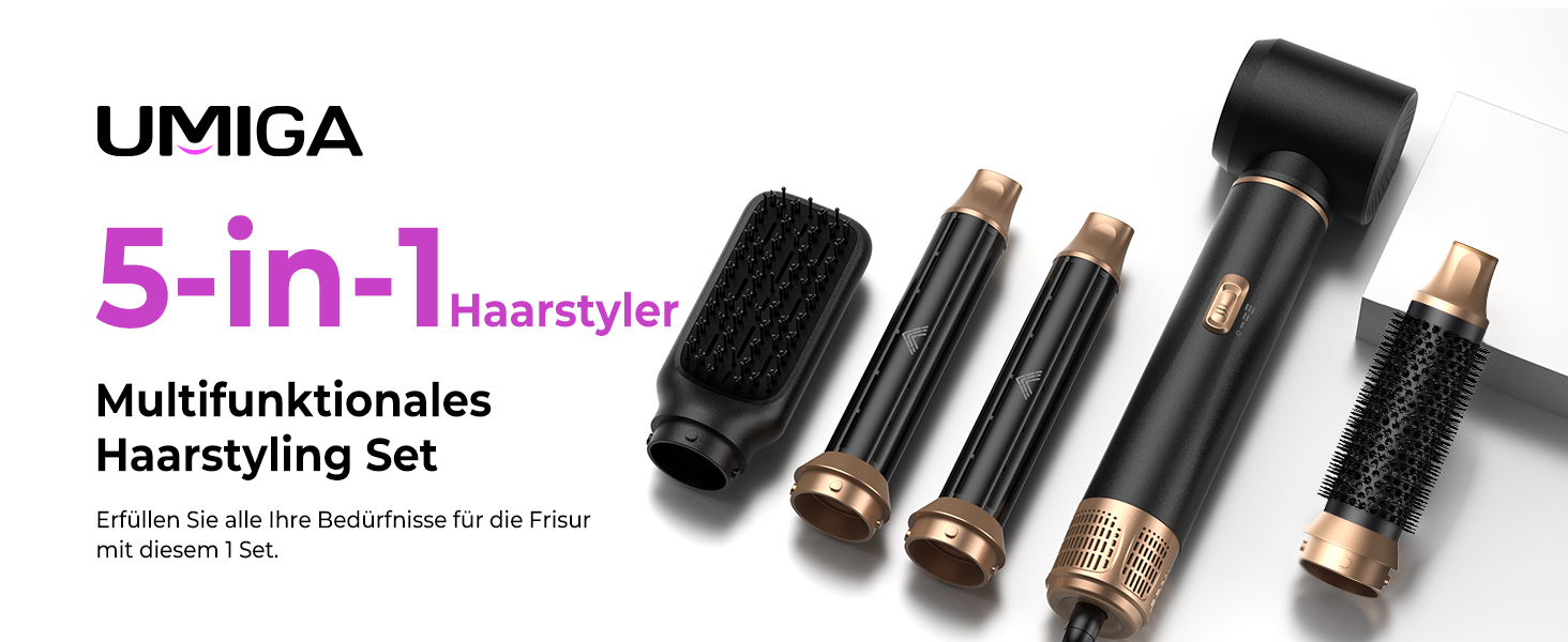 Airstyler 5 в 1: Фен-щітка, локони, випрямлення. Набір для волосся, чорний/золотий