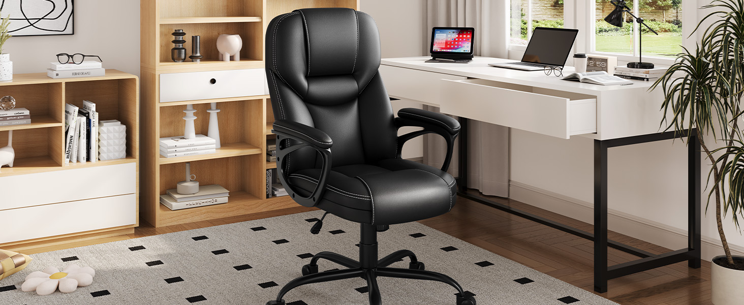 Офісне крісло Yaheetech - зручний комп'ютерний стілець з високою спинкою, регульована висота, штучна шкіра, м'який матеріал, чорний колір