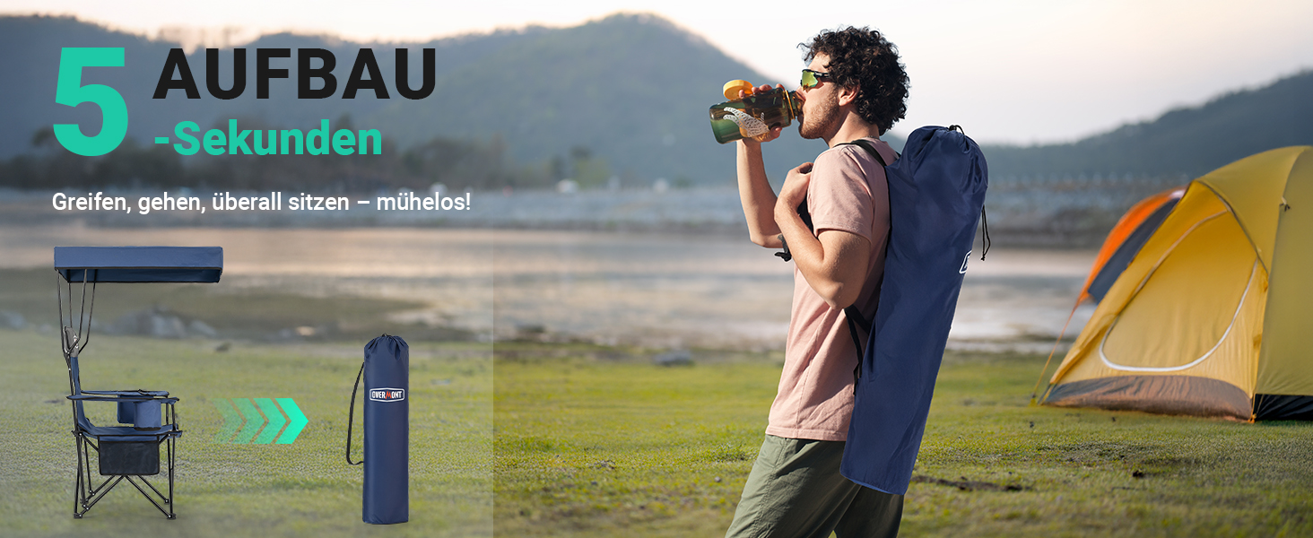 Кемпінговий стілець Overmont зі спадковим дахом, підсклянником та охолоджуючим кишенем - блакитно-сірий