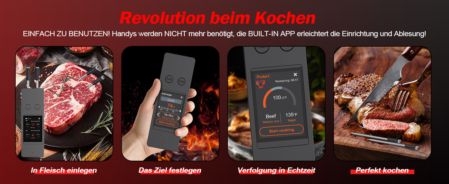 Бездротовий термометр для м'яса з 2 зондами, великий сенсорний екран, IP67 вологостійкий. Підходить для гриля, барбекю, коптильні. Чудовий подарунок на Різдво