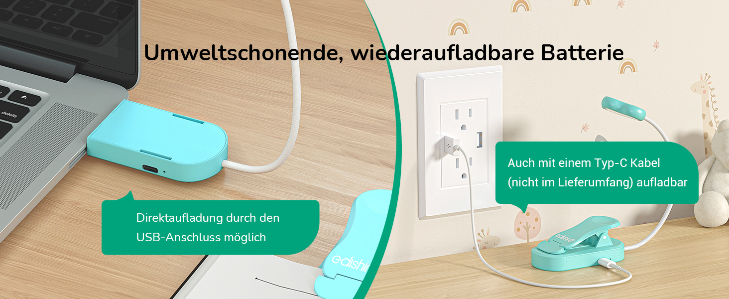 EDISHINE Кліпса-лампа для читання, USB перезарядна, LED лампа для книг, 3 режими кольору, регулювання яскравості, подарунок для дітей, любителів читання (блакитна)