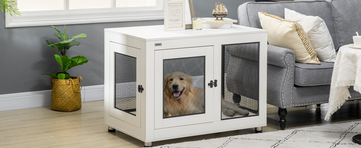 Клітка для собак PawHut з 2 дверцятами, знімний лежак, сучасна сталева собача будка для дому, підходить для великих собак до 30 кг, білий, 94x60x71,5 см