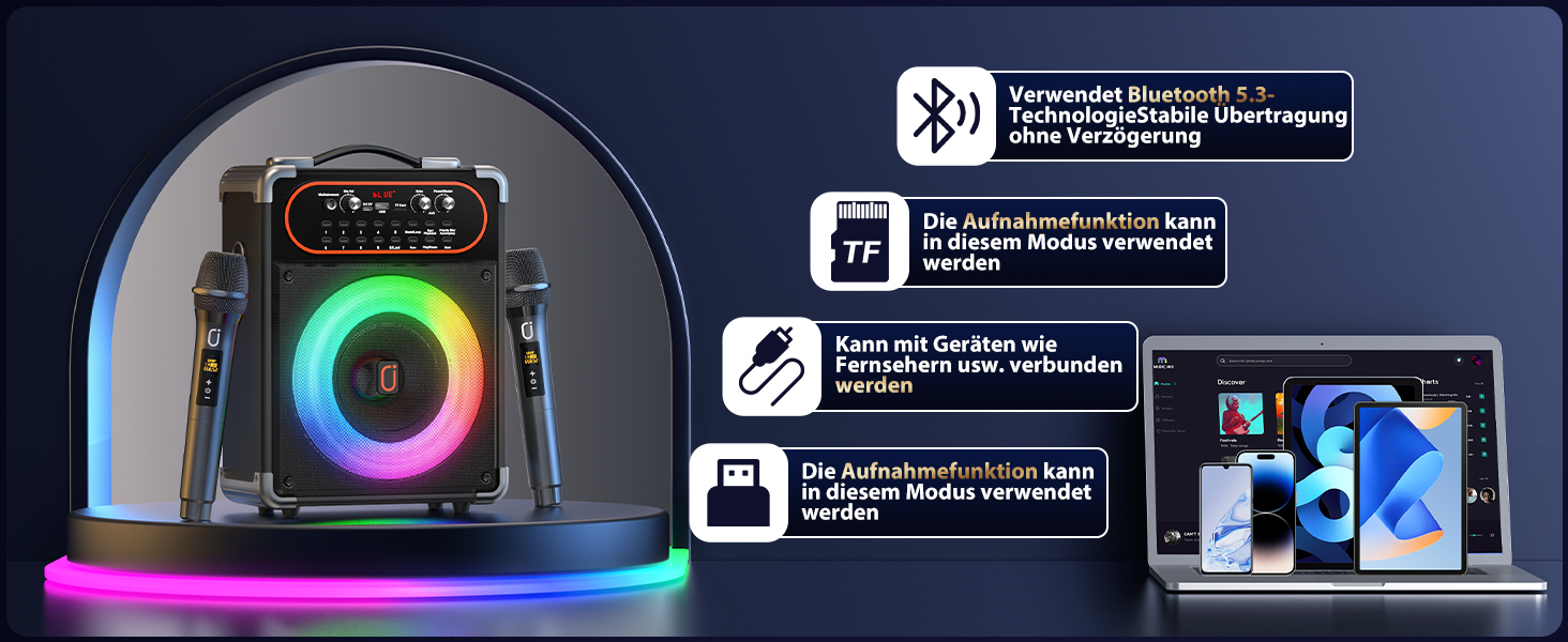 Караоке машина з 2 мікрофонами, портативна Bluetooth колонка з LED-підсвічуванням, Party Box, підтримує USB/TF-картку/AUX/FM, чорний S-68
