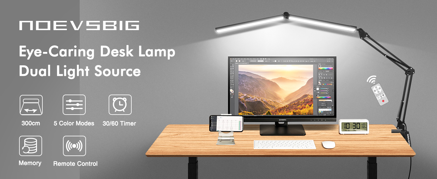 LED настільна лампа NOEVSBIG 24W з регулюванням яскравості, 5 режимів, таймер, сенсорне керування, кріплення, денне світло, сучасний дизайн