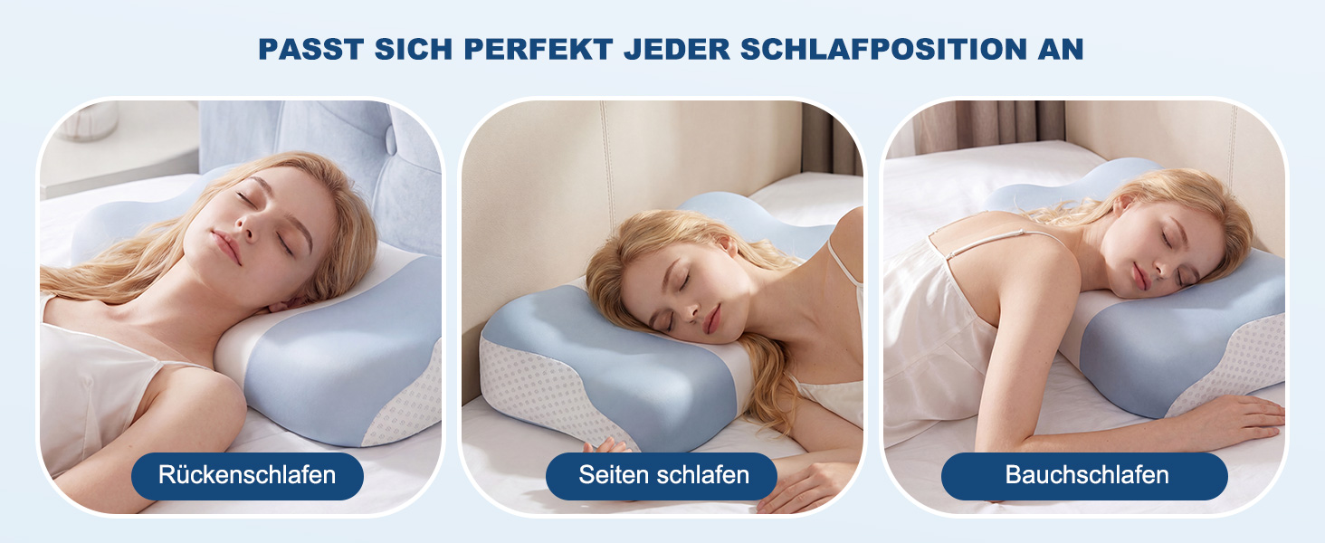 Ергономічна подушка для шиї VYLEE з ефектом пам'яті (Memory Foam), форма-метелик для сну на боці, спині та животі, 55.5 x 31 см, синьо-біла