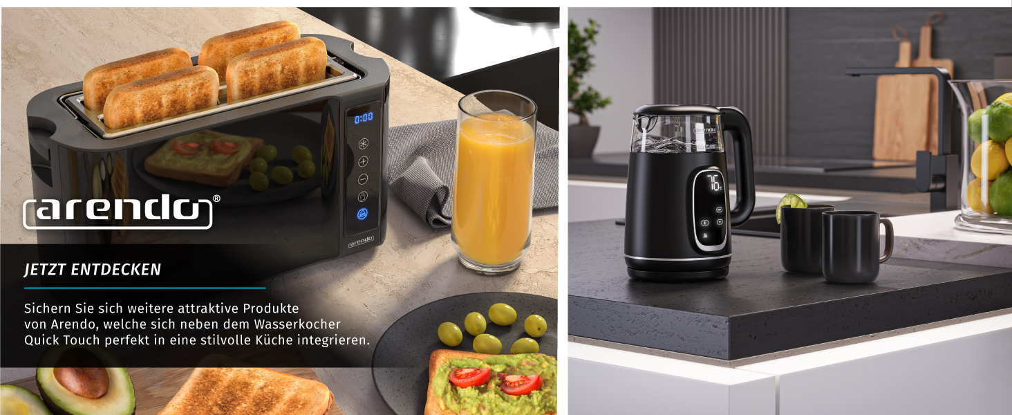 Електричний чайник Arendo зі скляною колбою, регулюванням температури, нержавіючою сталлю, подвійними стінками (Cool Touch), дисплеєм, бездротовим підключенням, 2200 Вт, 1,7 л, захистом від перегріву, функцією підтримання тепла, чорний