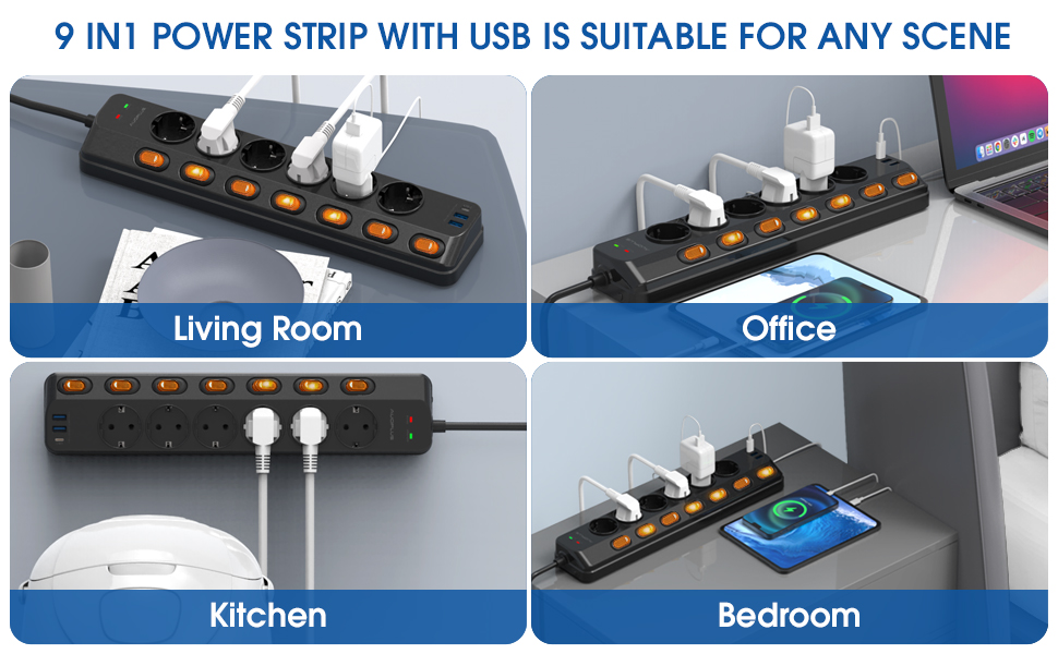 Мережевий фільтр 6-фазний з індивідуальним вимикачем, USB-C (PD 20W) та 2 USB-A, захист від перенапруги (3680W/16A), 3м кабель, чорний