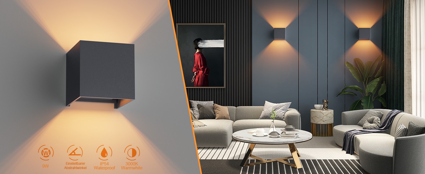 LED-стінні світильники Klighten 2 шт. з регульованим кутом нахилу, тепле світло 3000K, алюміній, для внутрішнього та зовнішнього використання, антрацит