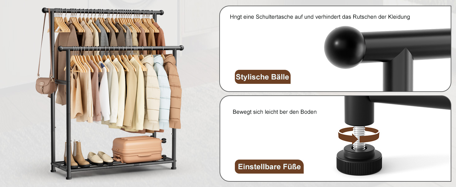 MISSLO Двоярусна вішалка для одягу, міцна, переносний гардероб для спальні, вітальні (чорний)