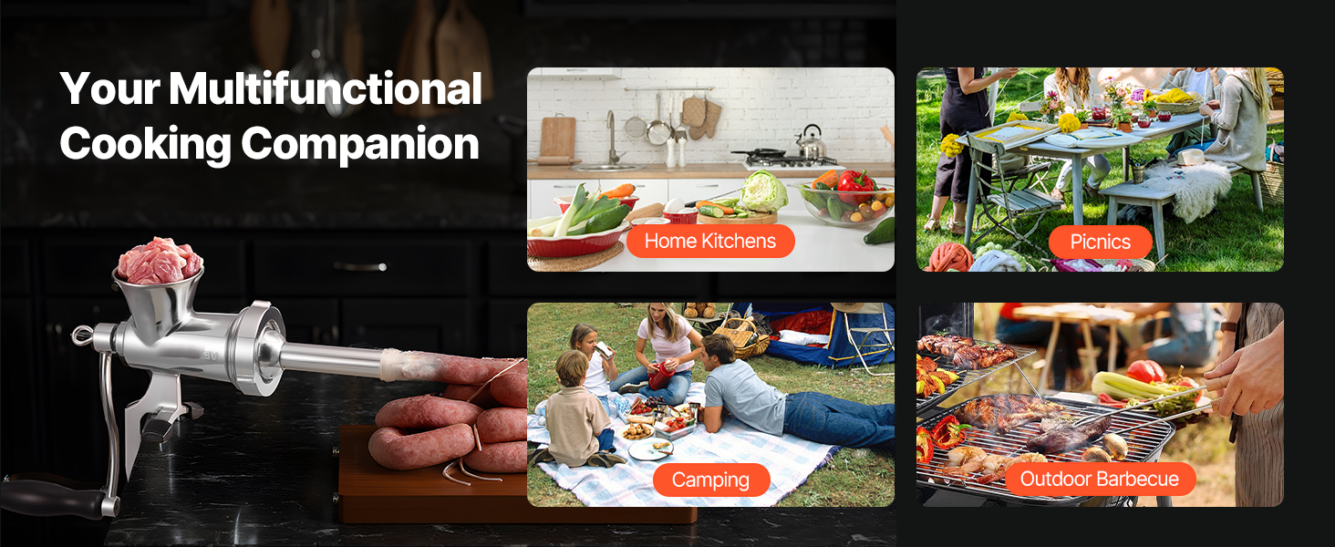 М'ясорубка ручна VEVOR з нержавіючої сталі 304, з присоскою для столу та насадками для ковбас (4.5/8 мм, 4 насадки)