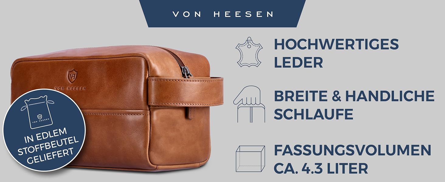 Шкіряна косметичка для подорожей VON HEESEN — універсальна сумка для аксесуарів та гігієни з натуральної шкіри, коричнева (Cognac Braun), великий розмір