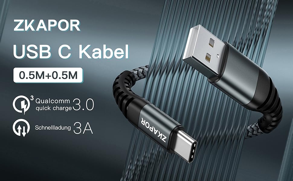 Кабель USB Type-C 2 шт. 3.1A, нейлон, сірий (0.5м) - сумісний з iPhone 15/15 Pro Max, Samsung Galaxy, Huawei, Google Pixel