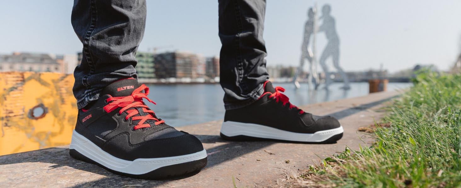 Робочі черевики ELTEN MAVERICK чорно-червоні Mid ESD S3, чоловічі та жіночі, шкіряні, з металевим носком, легкі, спортивні, розмір 40 EU
