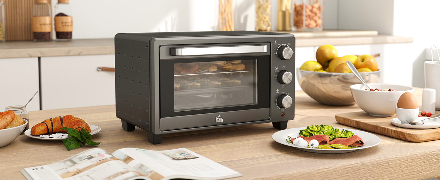 Міні-піч HOMCOM 21 л, 1400 Вт, 100-230°C, таймер, противень, решітка-гриль, вікно, піч для піци, кремово-білий (сірий)