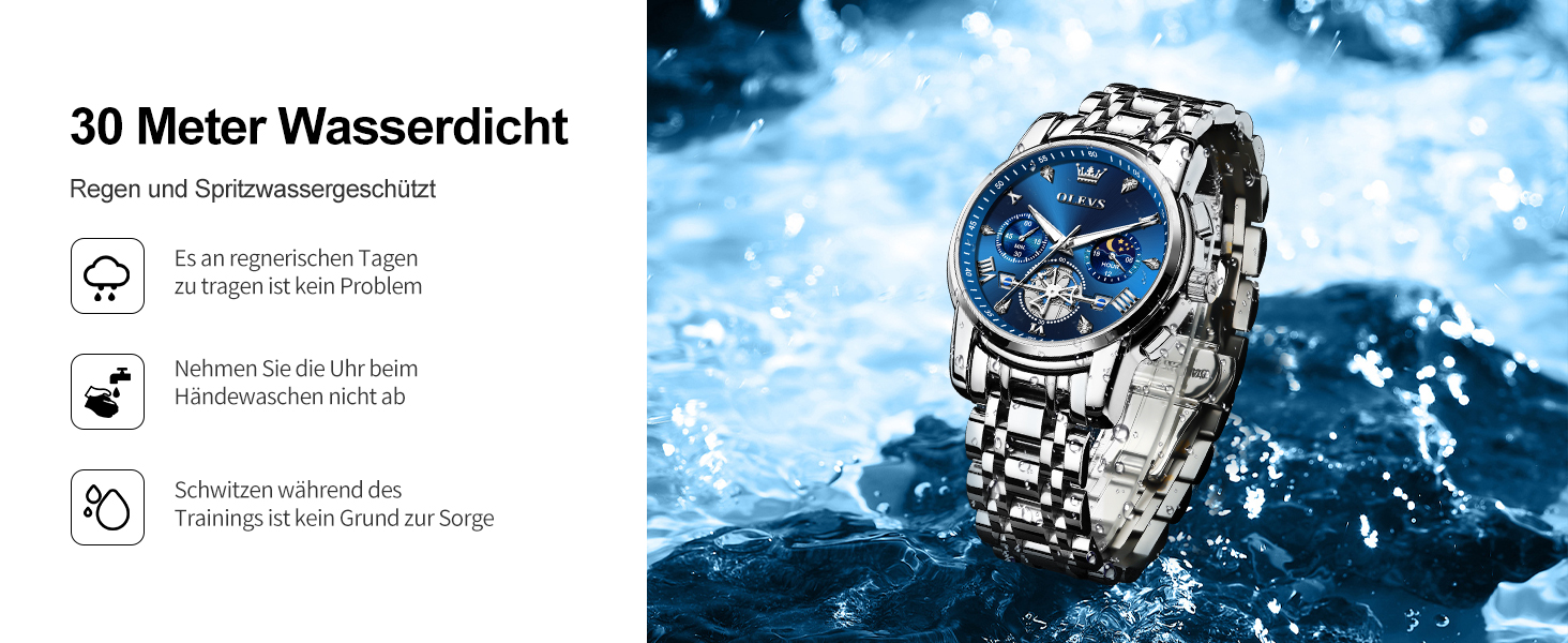 Годинник чоловічий OLEVS 2856 з фазами місяця, хронограф, кварц, нержавіюча сталь, водостійкий, блакитно-сріблястий