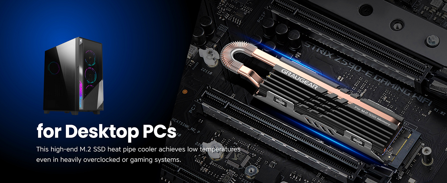 Радіатор охолодження GRAUGEAR HeatPipe для M.2 NVMe SSD (2280) з термонаклейкою з графену-міді, для ПК