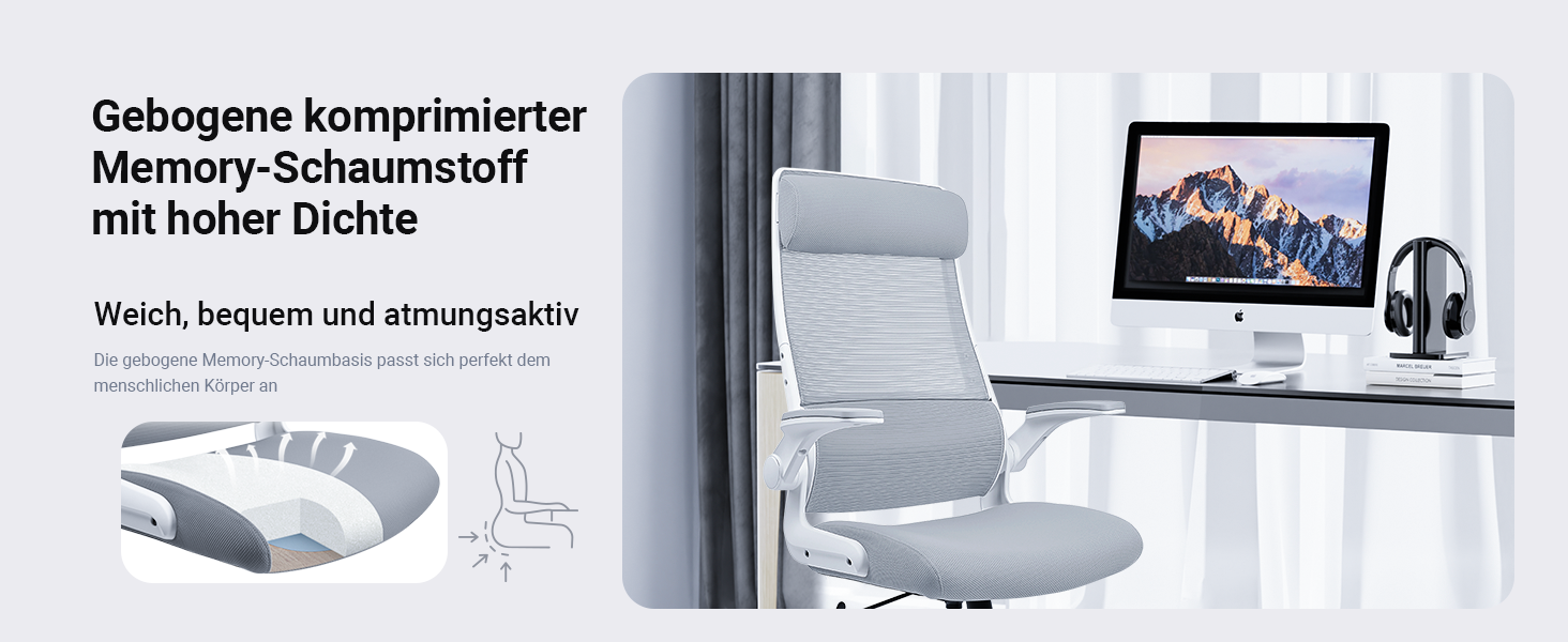 Ергономічне крісло для офісу з регульованою підголовником, сітчасте крісло для столу, відкидні підлокітники, широке сидіння, функція гойдання, комп'ютерне крісло EN 1335, офісне крісло 200 KG, сіре