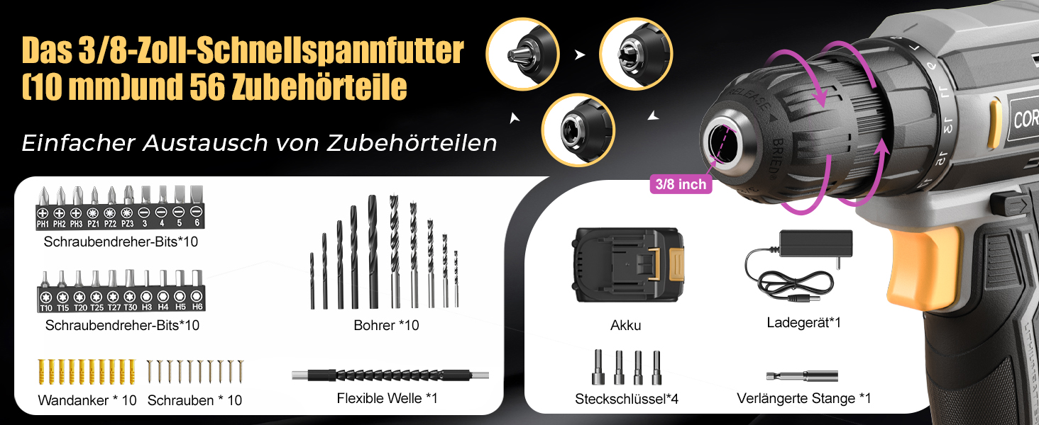 Акумуляторний шуруповерт/дрель 20V, 56 шт. в наборі, 42Nm, LED-підсвітка, сірий колір, для ремонту та DIY-проєктів