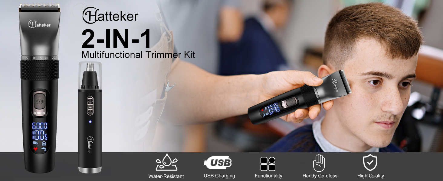 Hatteker Pro Машинка для стрижки волосся та бороди: набір з тримером, T-подібний тример, водонепроникний IPX7, чорний