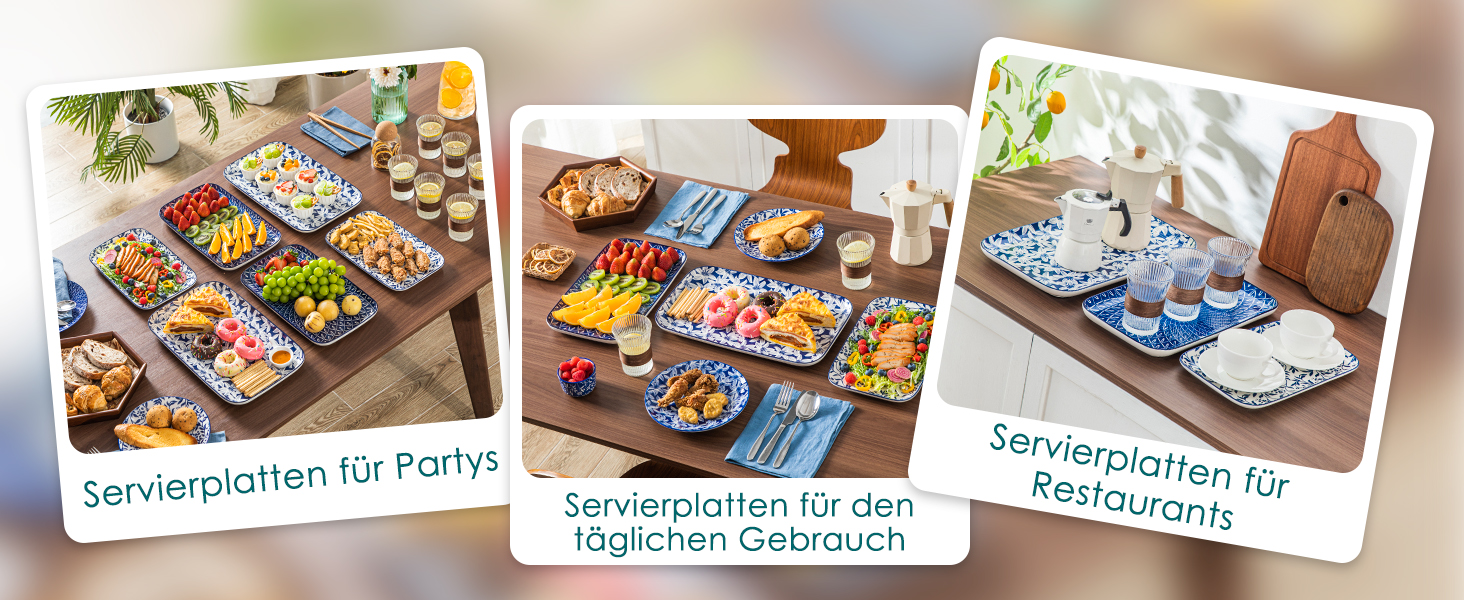 Набір сервіровочних тарілок Vancasso SELENE (3 шт.) - блакитно-білий сервіз для закусок, буфетів та святкового столу