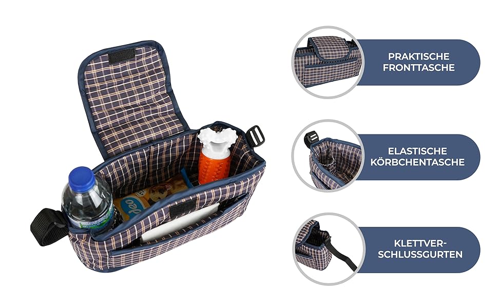 Візок для тварин Monster Shop з сумкою, знімний, складний, вантажопідйомність 15 кг, колеса, гальма, сітчасте вікно, кошик, тримач для напоїв, кишені та водовідштовхуючий дощовик (синій візерунок в клітинку, передня кишеня для тварин)